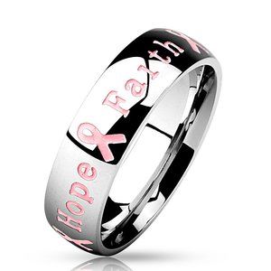"Courage, Strength, Hope, Faith" Pink Ribbon Stainless Steel Ring- Breast Cancer